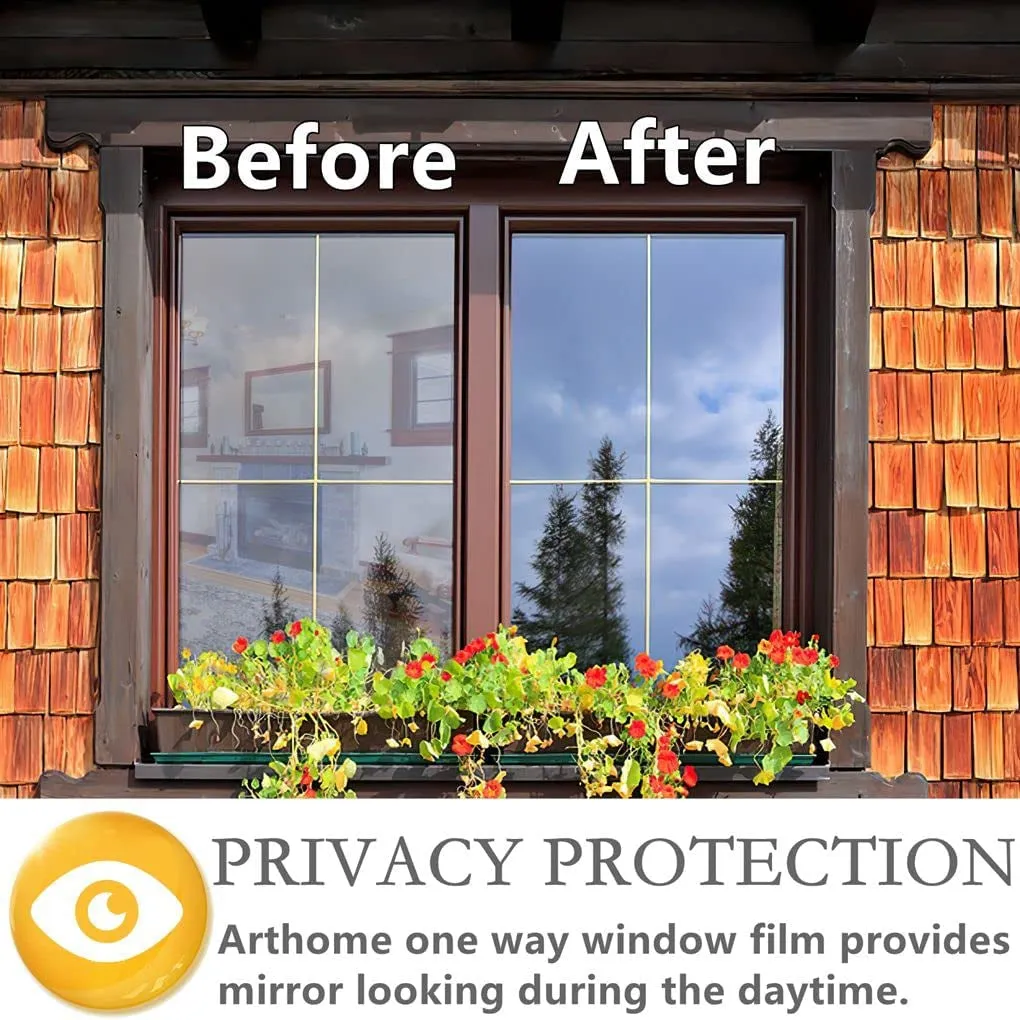 Arthome One Way Window Privacy Film Daytime Privacy Window Tint for Home anti UV Static Cling Heat Control Reflective Glass Film for Home and Office, 35.4 Inch X 15.1 Feet, Silver