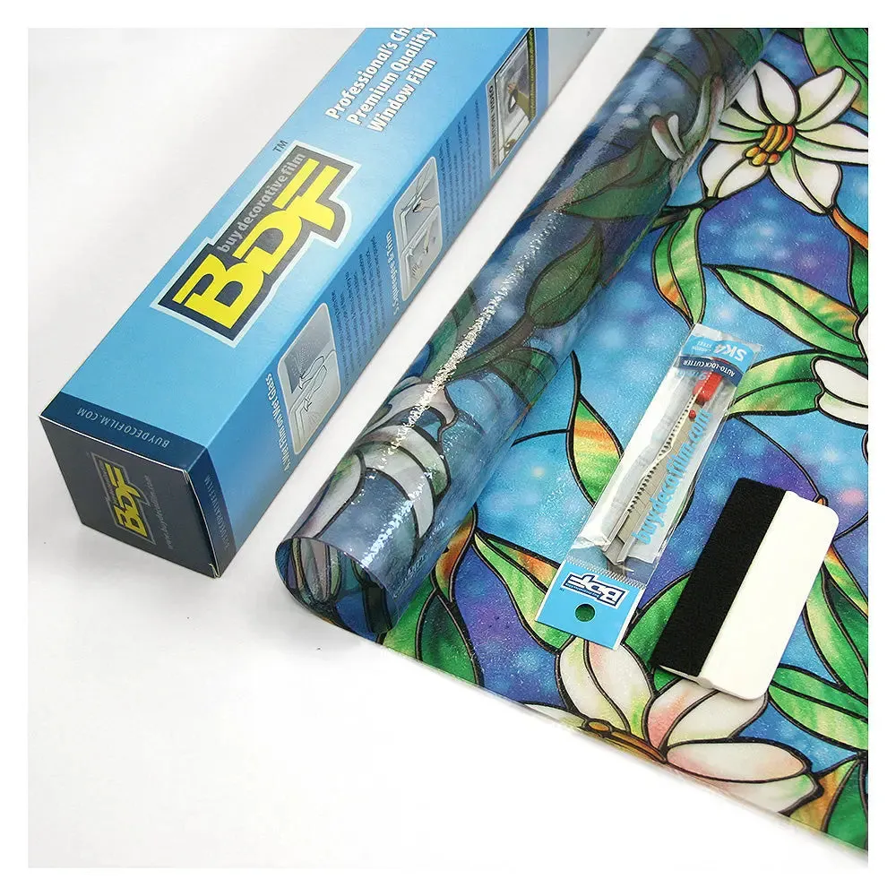BDF 1CGB Window Film Floral Stained Glass Non-Adhesive Static Cling