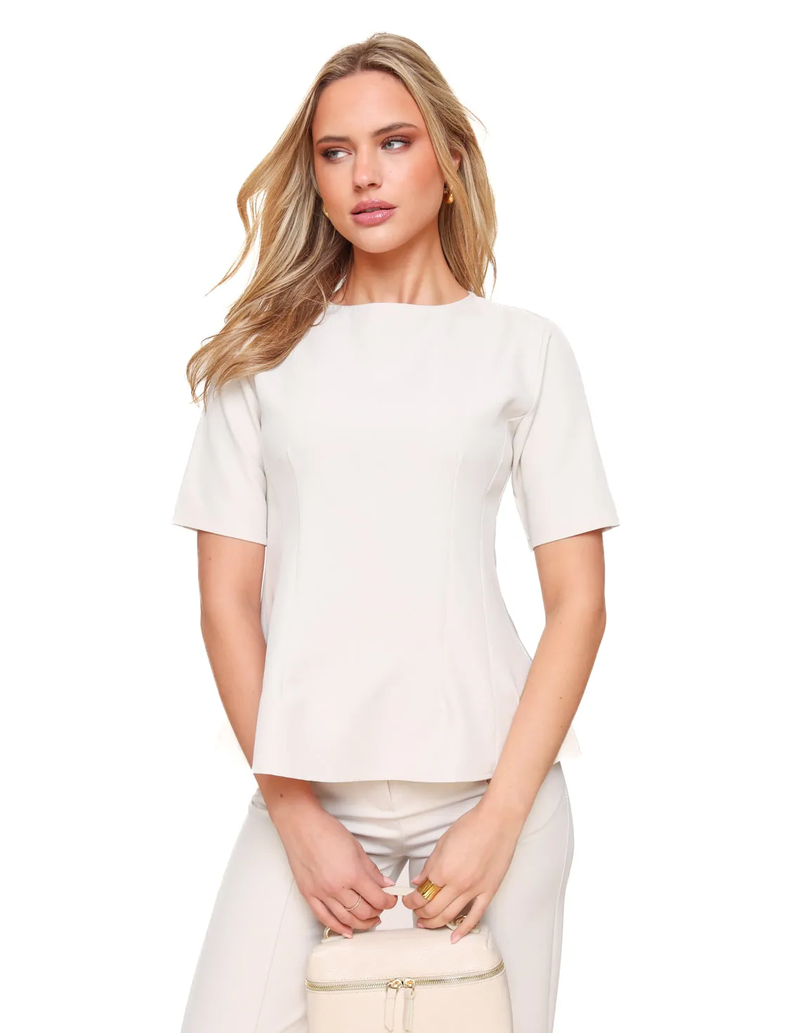 Beige Aangesloten Peplum SS - Top