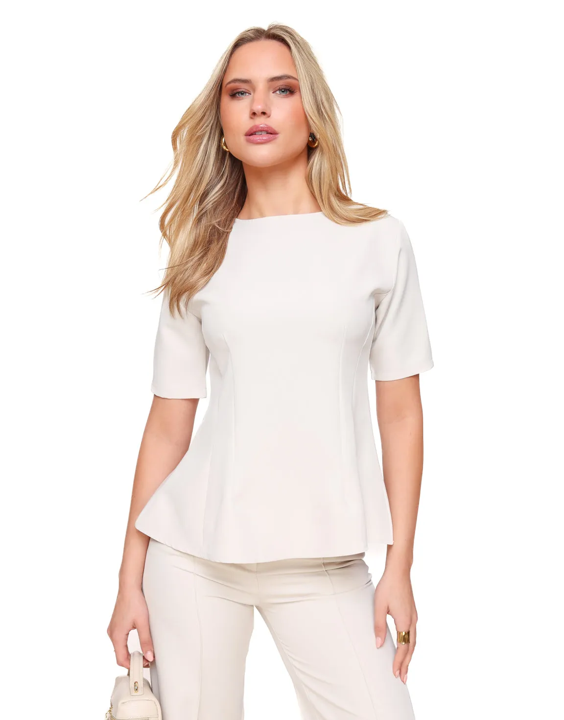 Beige Aangesloten Peplum SS - Top