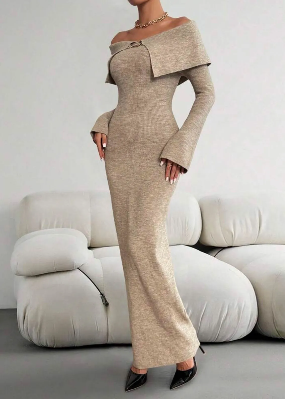 Bell Sleeves Off-Shoulder Knit Maxi Dress