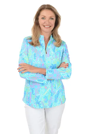 Blue Beach Drawings Cooling UPF50  Mock Neck Top