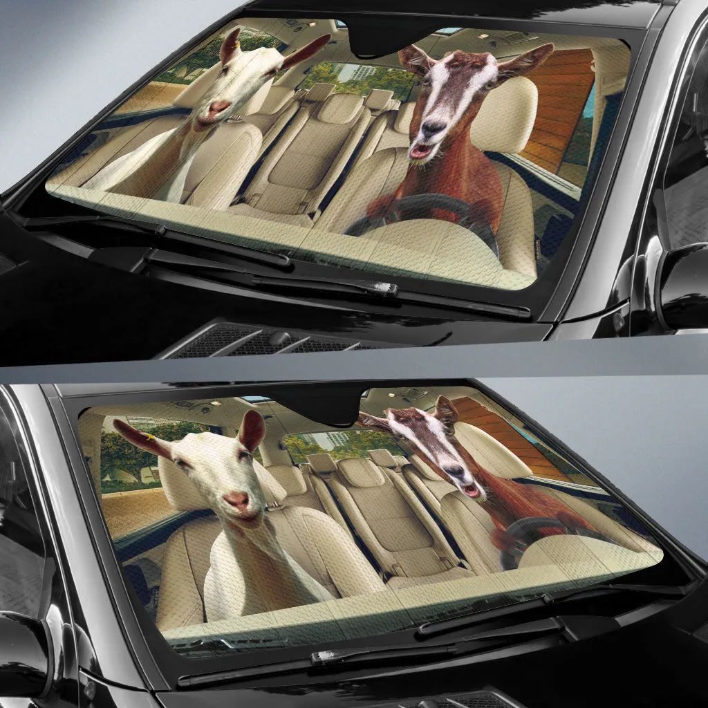 Couple Goats Driving 3D All Over Printed Car Sun Shade, Animal Farm Car Sunshade Windshield