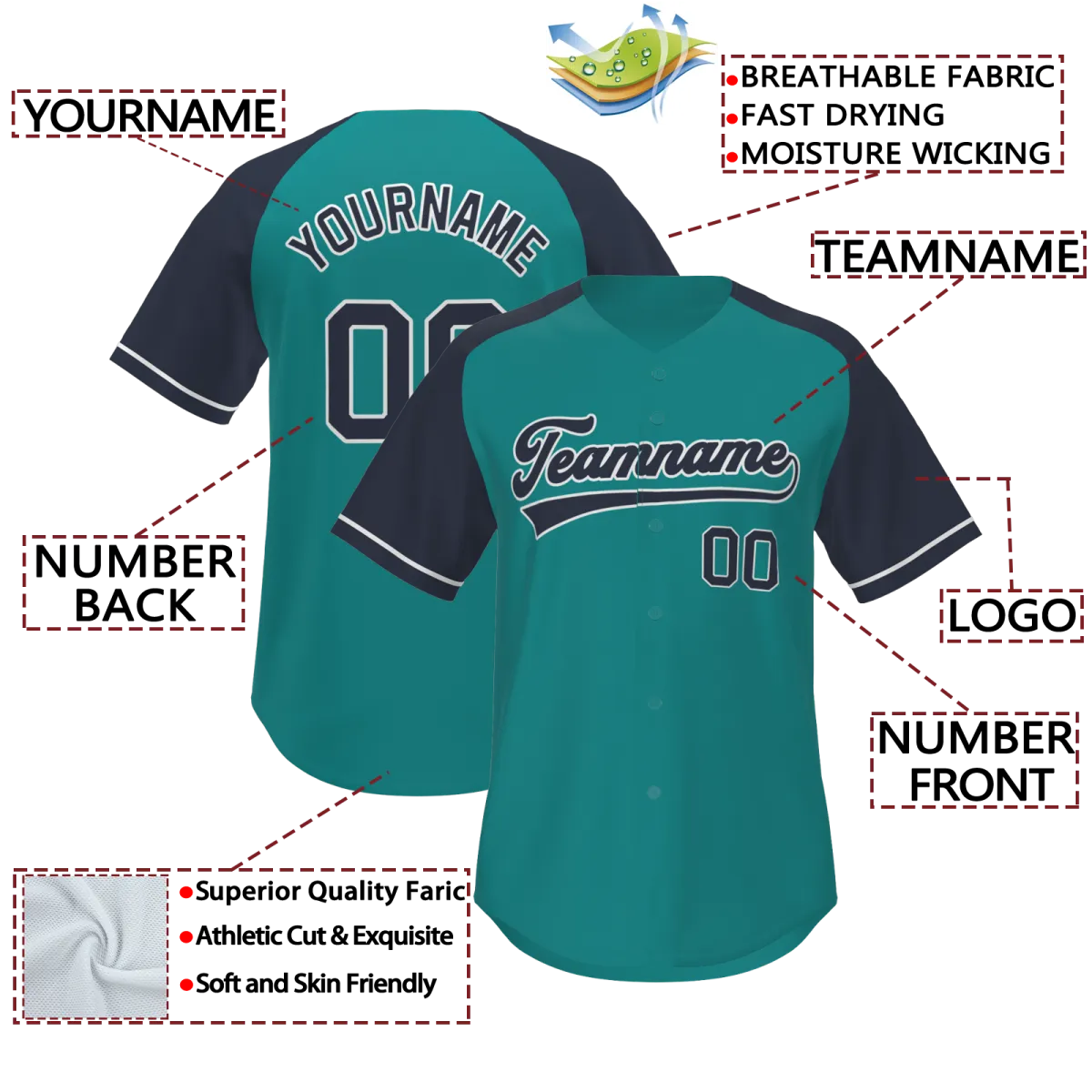Custom Aqua Navy-White Raglan Sleeves Authentic Baseball Jersey