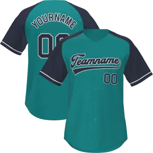 Custom Aqua Navy-White Raglan Sleeves Authentic Baseball Jersey