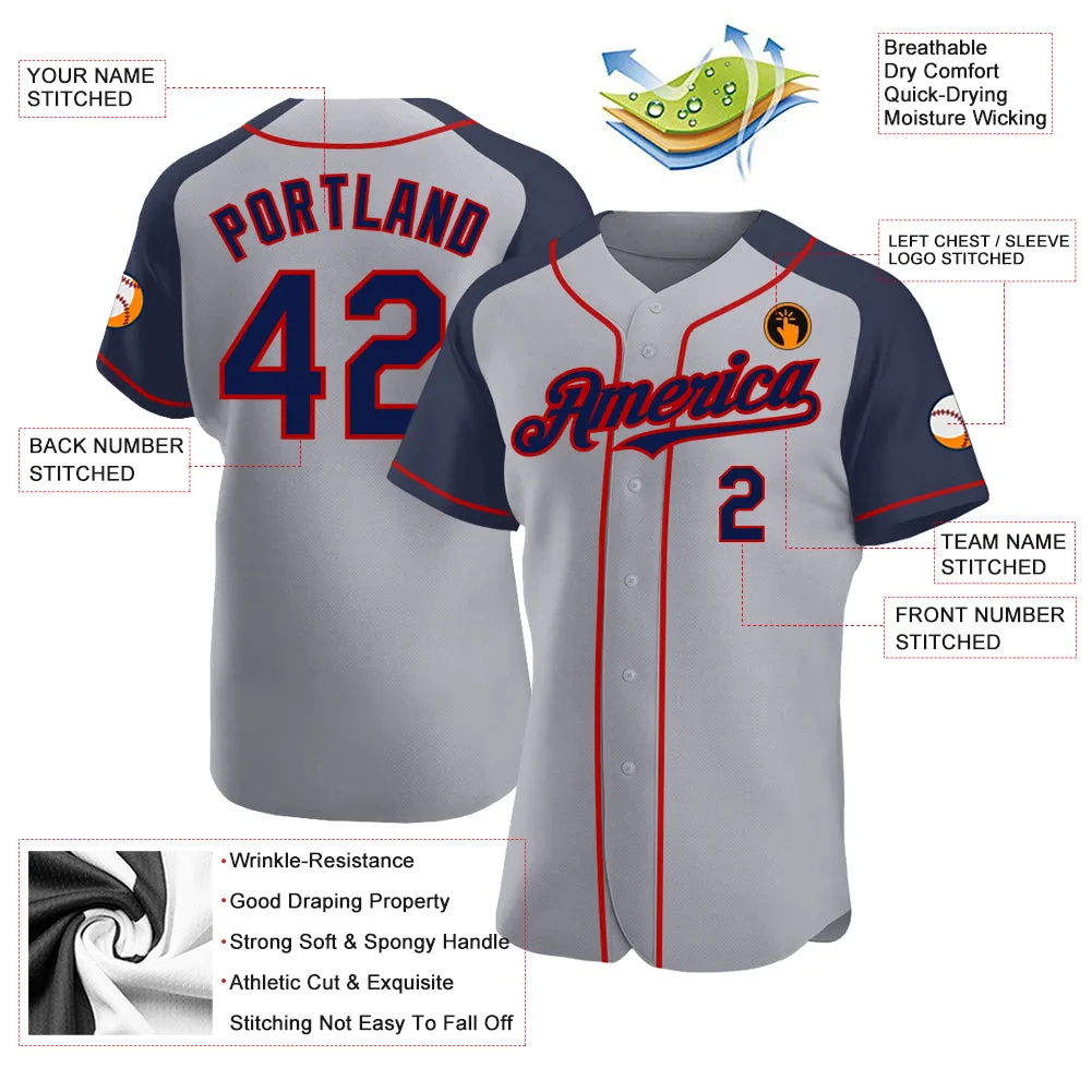 Custom Gray Navy-Red Authentic Raglan Sleeves Baseball Jersey