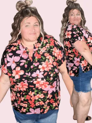 Ellie Dolman Sleeve Top w/Gabby Neckline in Black Hawaiian Florals