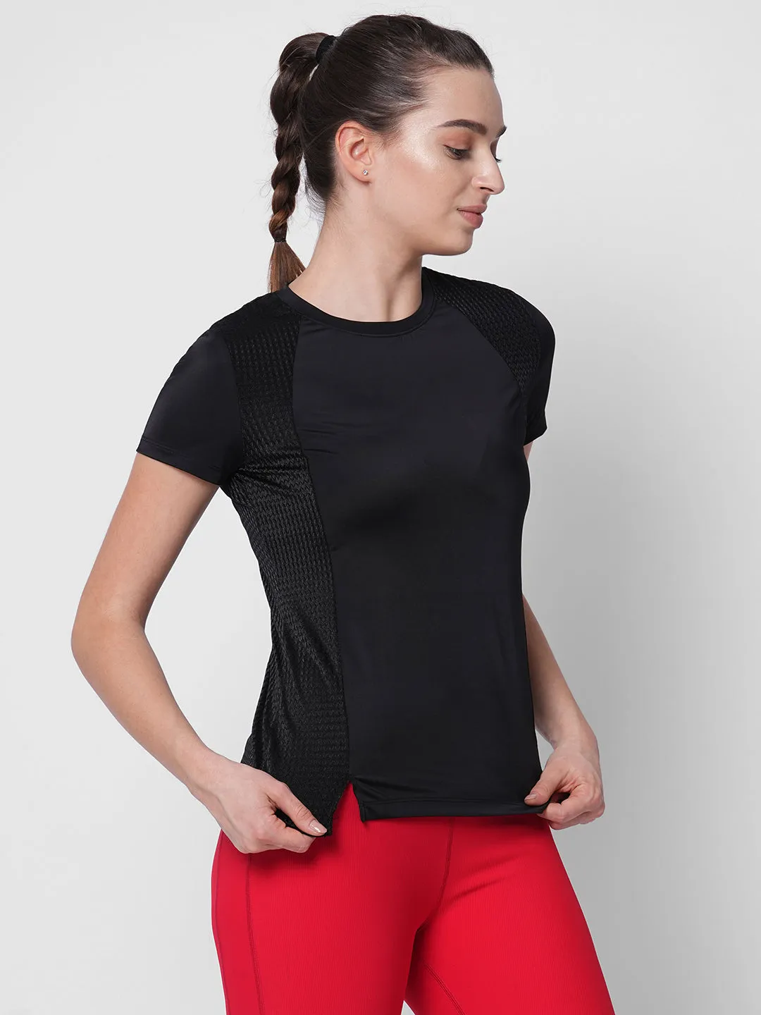 Fitkin women black front slit tshirt
