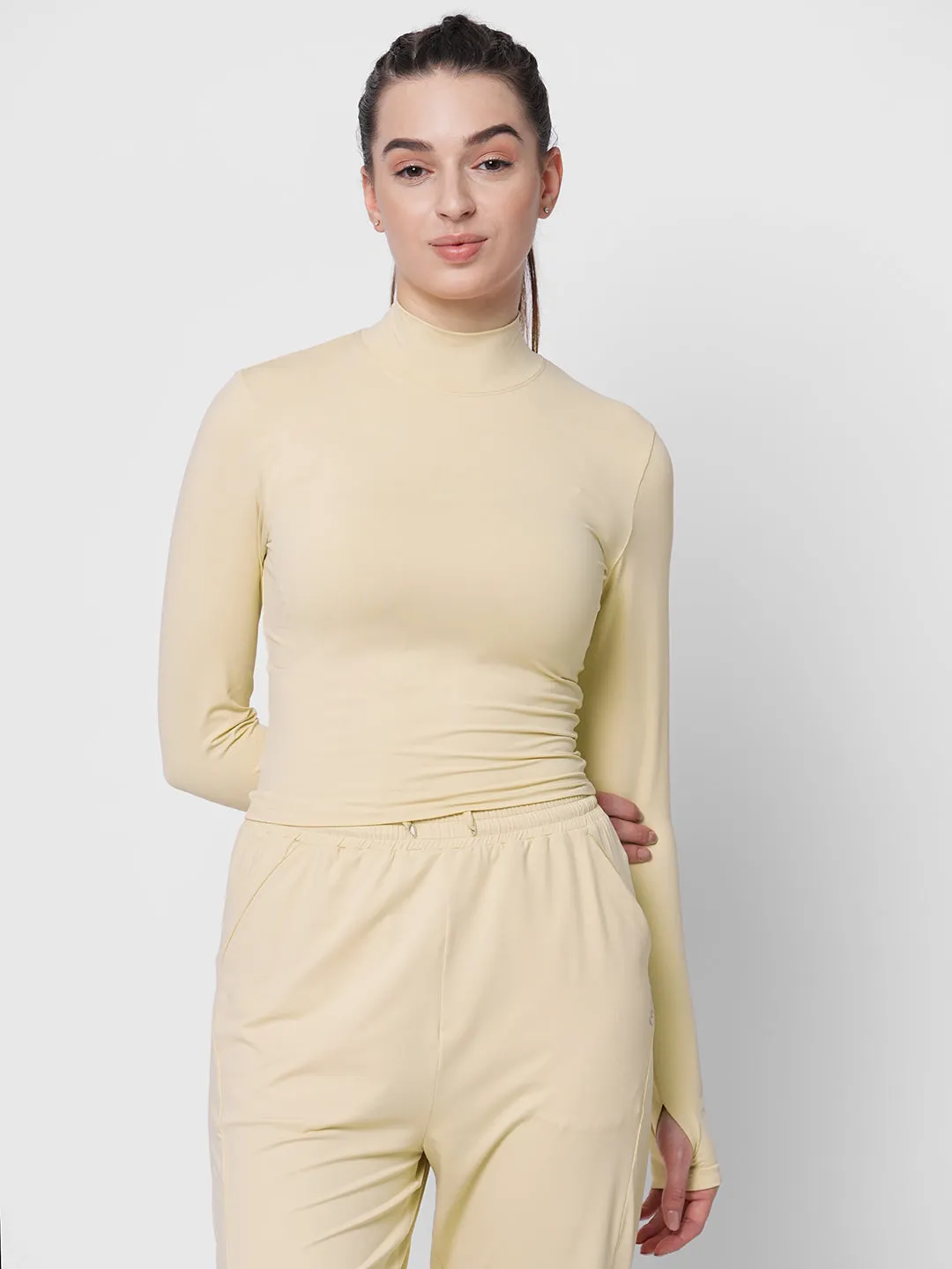 Fitkin women cream high neck fitted tshirt