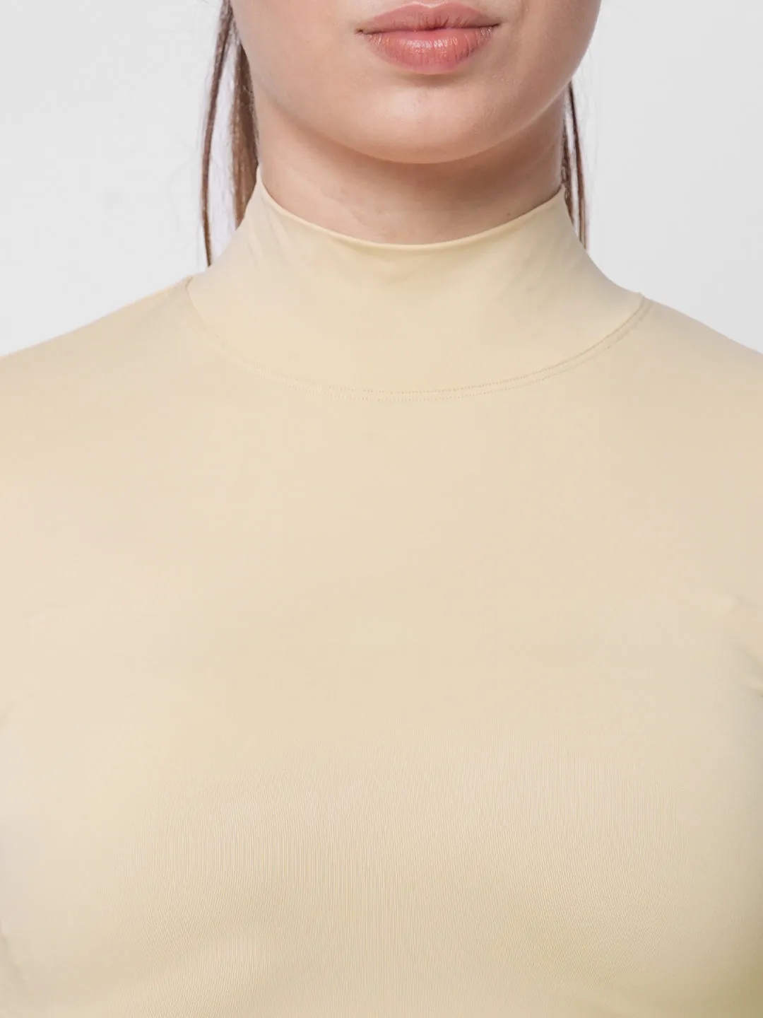 Fitkin women cream high neck fitted tshirt