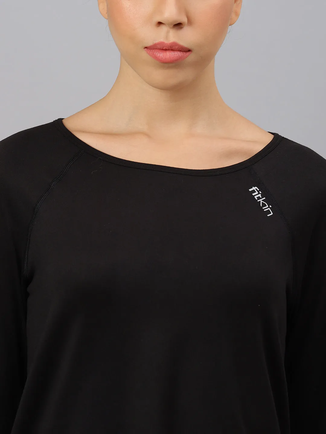Fitkin women's black round neck back laser cut design full sleeves t-shirt