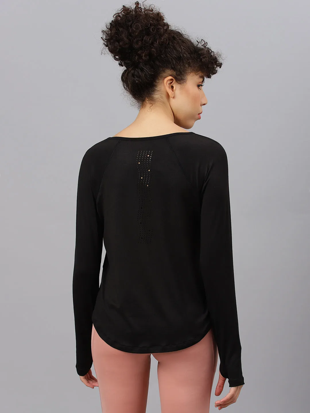 Fitkin women's black round neck back laser cut design full sleeves t-shirt