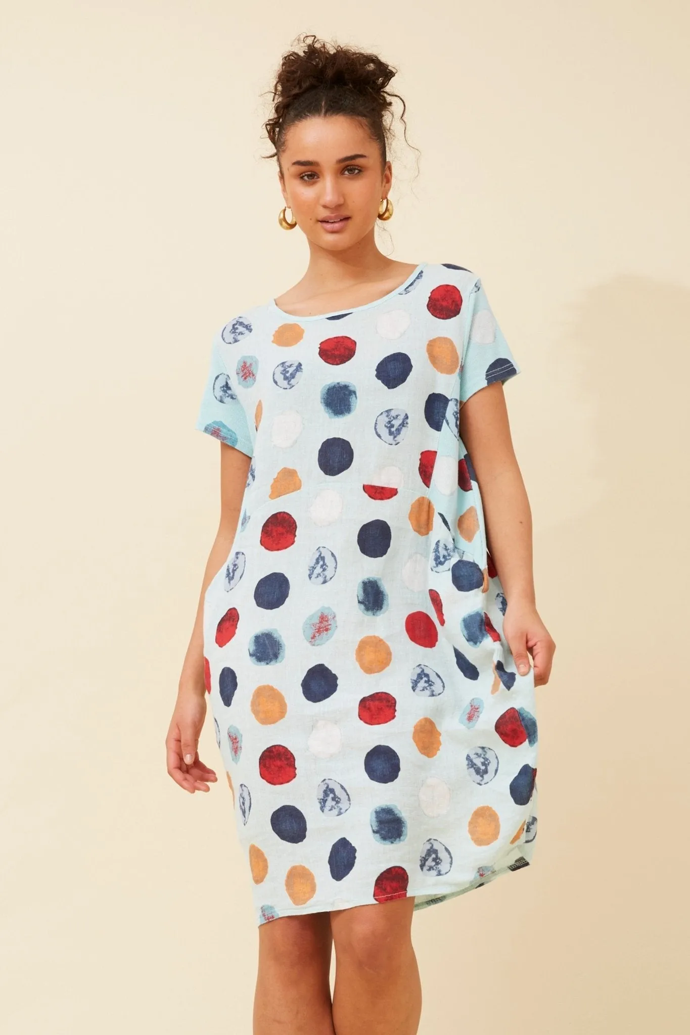 FOREST RIBBED SIDE LINEN DRESS SHORT SLEEVE AQUA