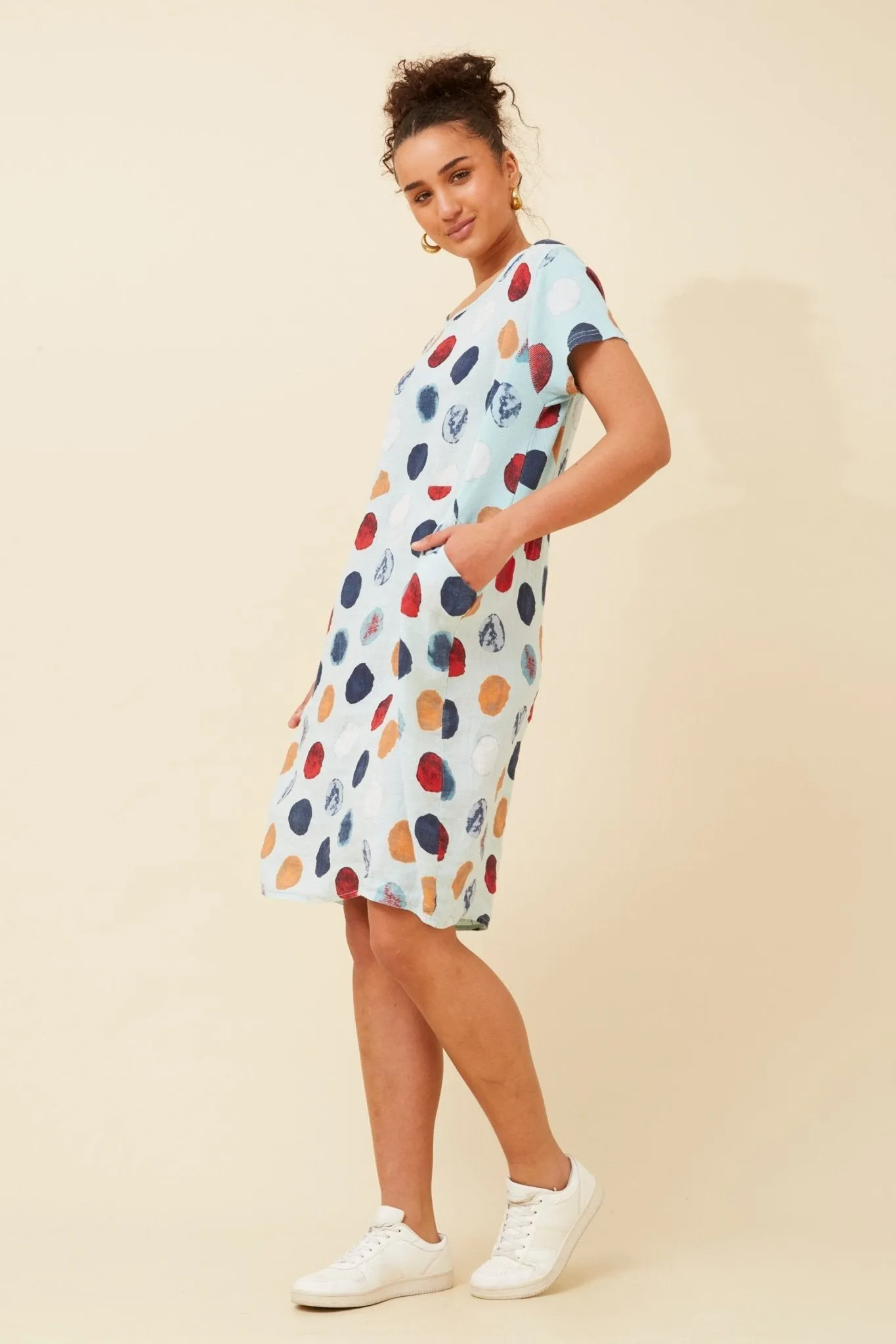 FOREST RIBBED SIDE LINEN DRESS SHORT SLEEVE AQUA