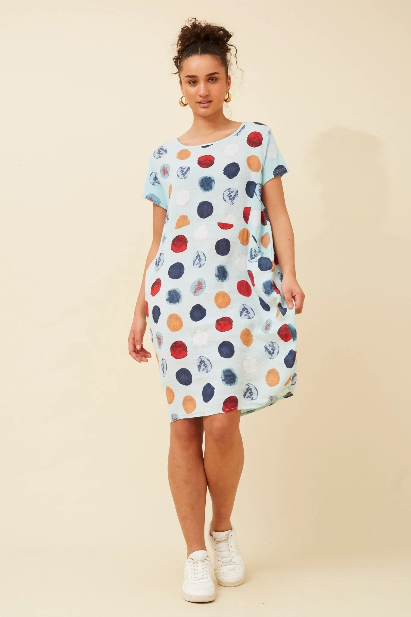 FOREST RIBBED SIDE LINEN DRESS SHORT SLEEVE AQUA