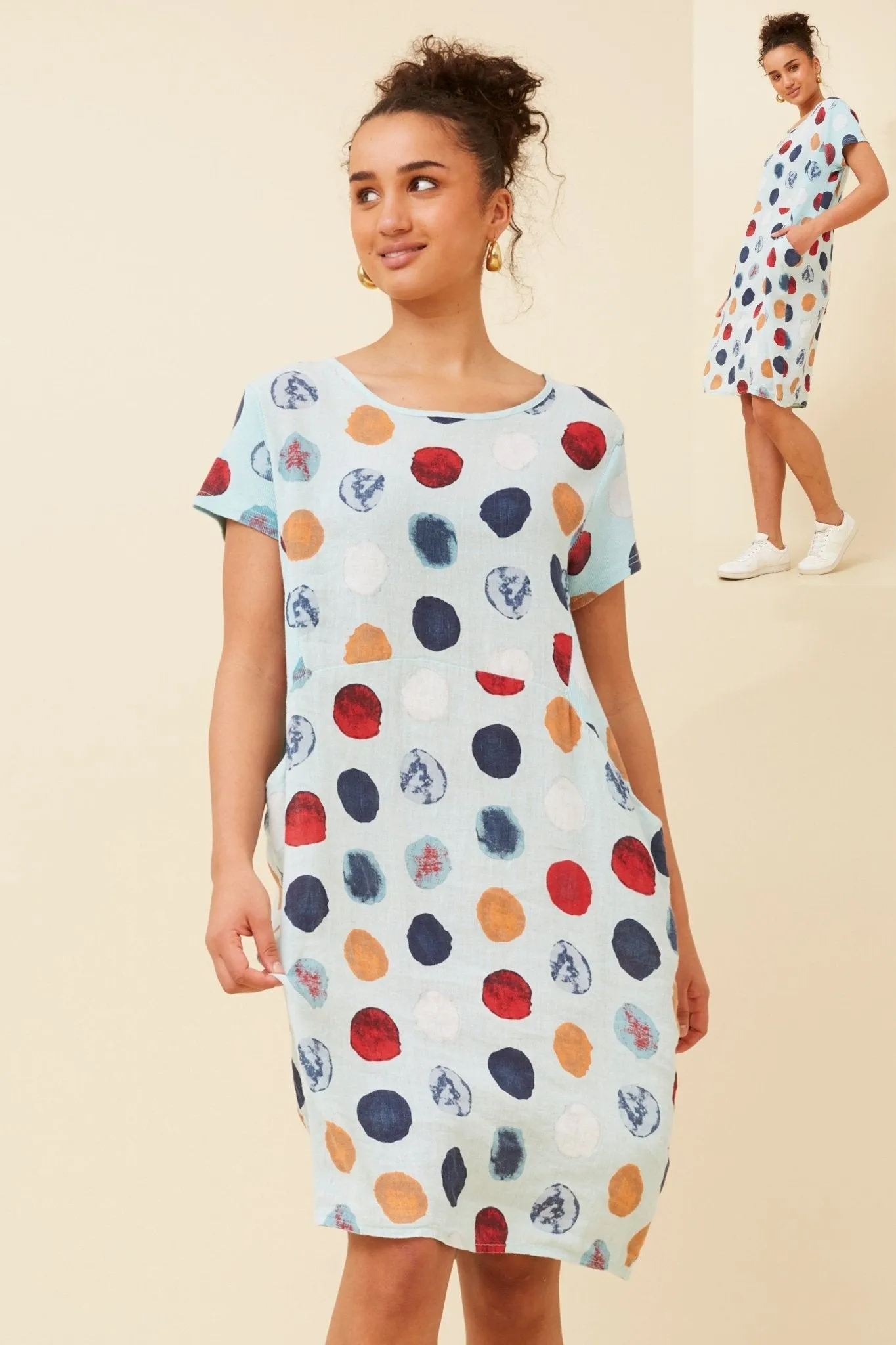 FOREST RIBBED SIDE LINEN DRESS SHORT SLEEVE AQUA
