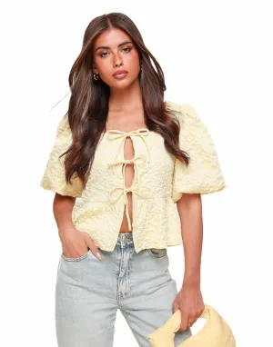 Gele Bloemen Strikjes Pofmouwen SS - Top