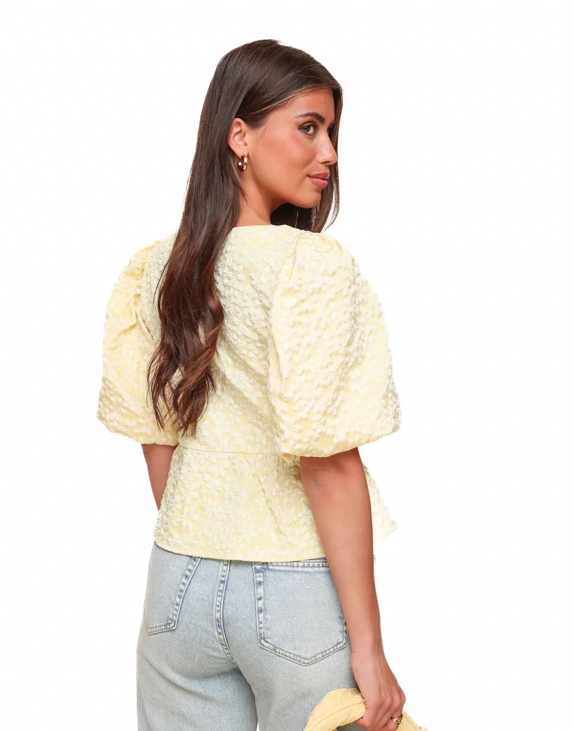 Gele Bloemen Strikjes Pofmouwen SS - Top