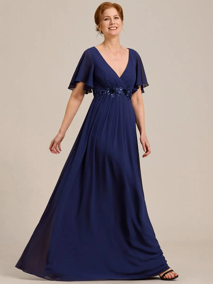 Gentle Iris | Ruffles Sleeve A-Line Chiffon Waist Applique Maxi Mother of the Bride Dress