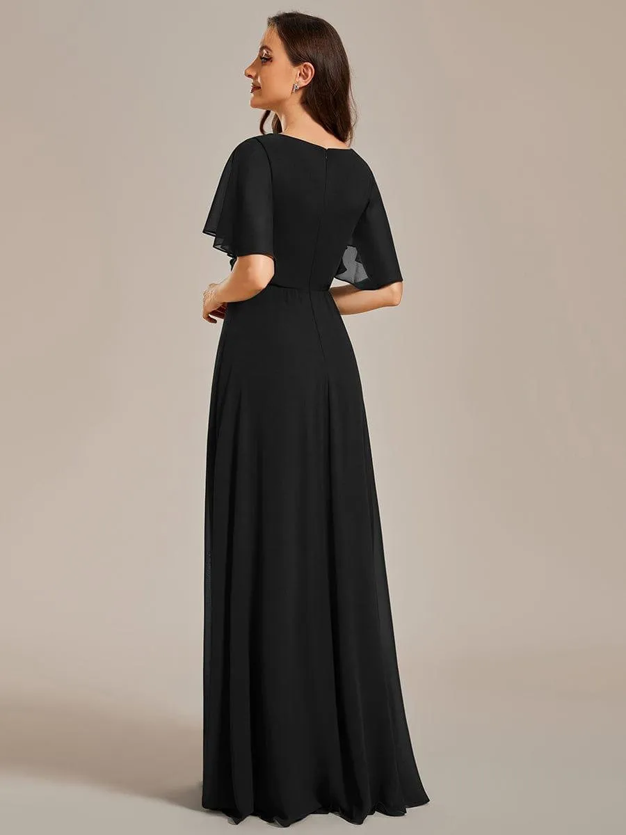 Gentle Iris | Ruffles Sleeve A-Line Chiffon Waist Applique Maxi Mother of the Bride Dress