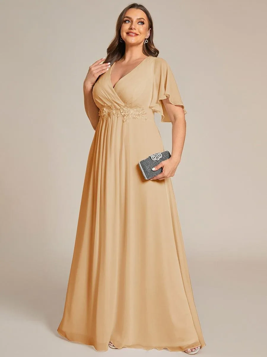 Gentle Iris | Ruffles Sleeve A-Line Chiffon Waist Applique Maxi Mother of the Bride Dress