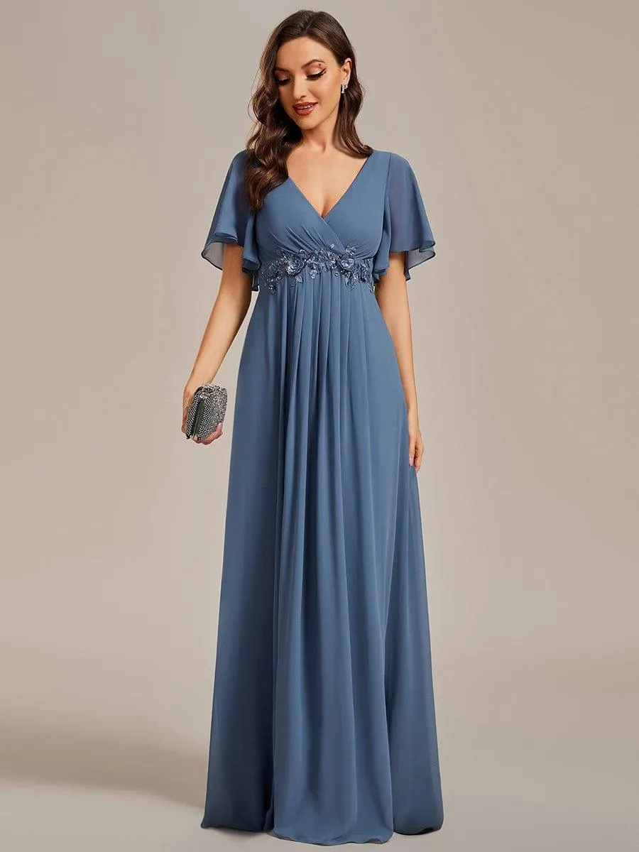 Gentle Iris | Ruffles Sleeve A-Line Chiffon Waist Applique Maxi Mother of the Bride Dress