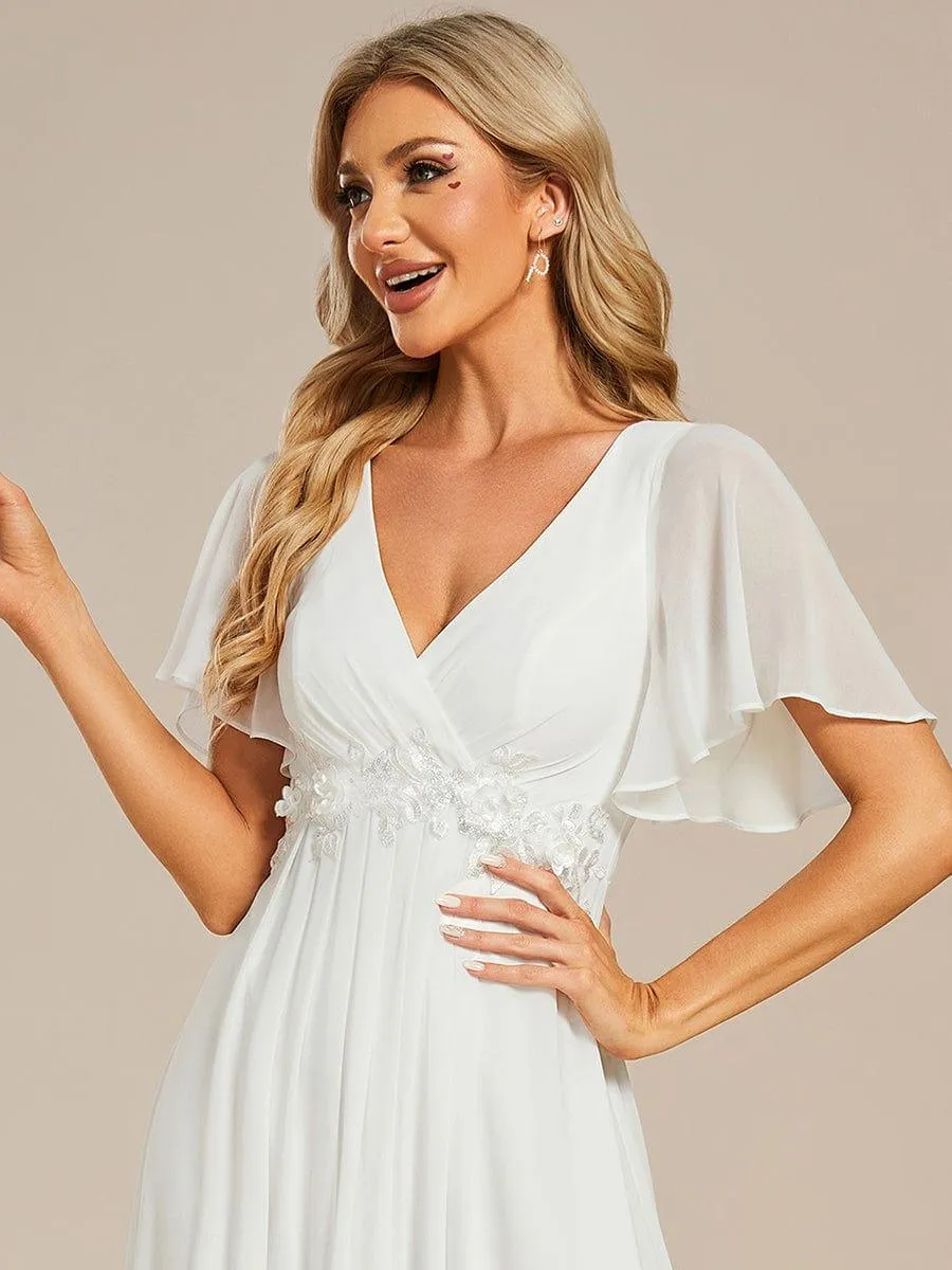 Gentle Iris | Ruffles Sleeve A-Line Chiffon Waist Applique Maxi Mother of the Bride Dress