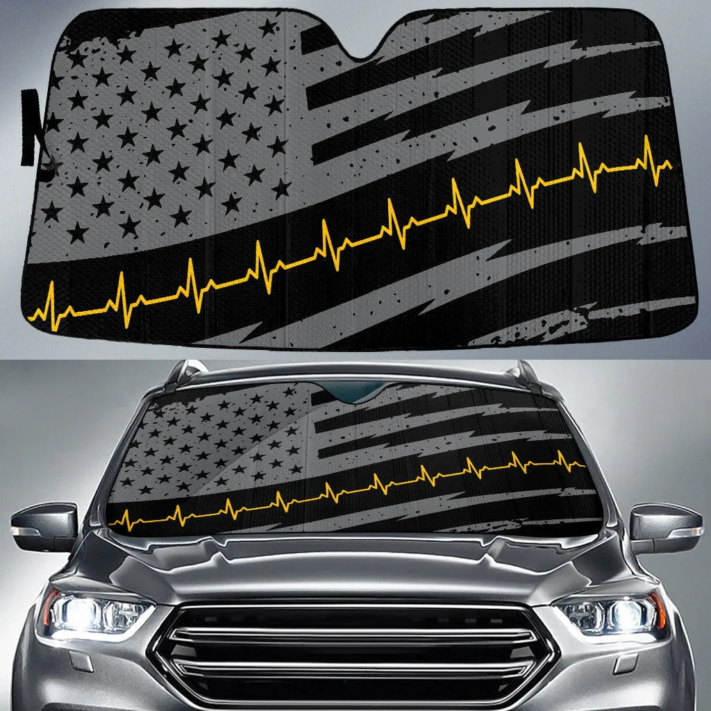 Grey Black American Flag And Yellow Heartbeat Printed Car Sun Shades Cover Auto Windshield Coolspod