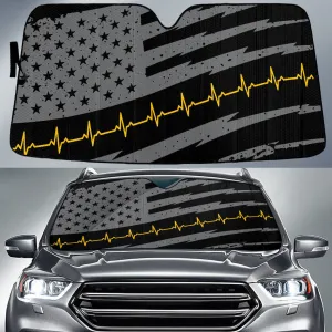 Grey Black American Flag And Yellow Heartbeat Printed Car Sun Shades Cover Auto Windshield Coolspod