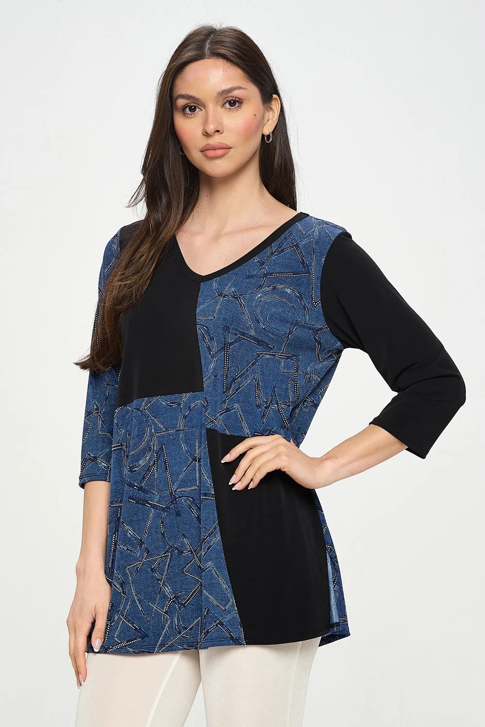 HIT Contrast V-Neck Tunic Top-3080HT-QRP1-C-W392
