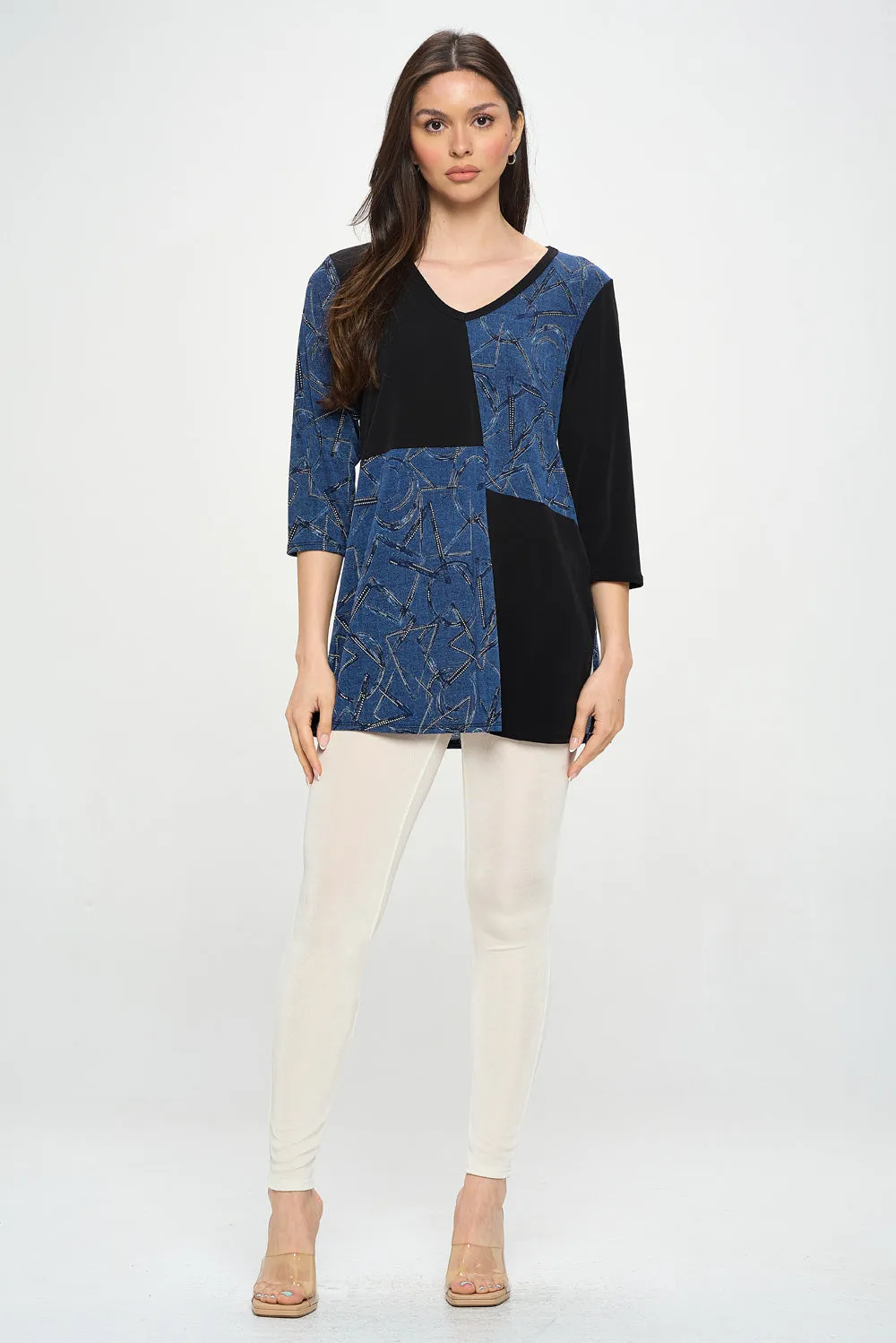 HIT Contrast V-Neck Tunic Top-3080HT-QRP1-C-W392