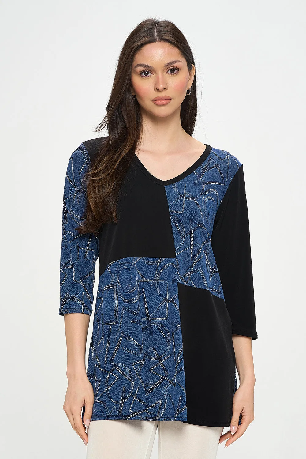 HIT Contrast V-Neck Tunic Top-3080HT-QRP1-C-W392