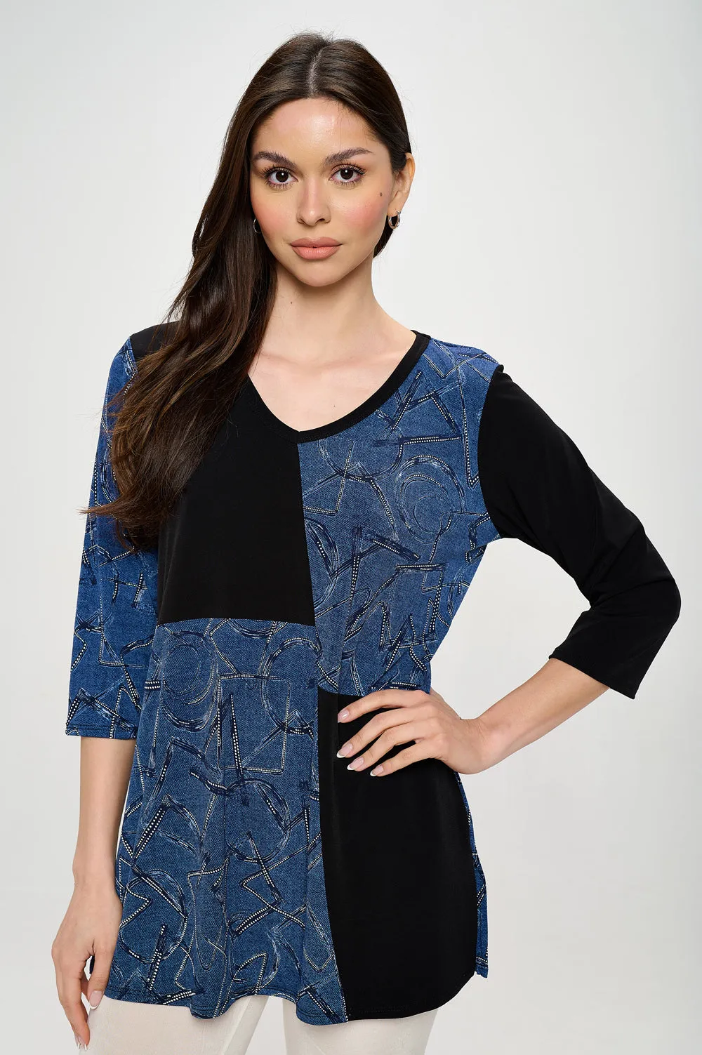HIT Contrast V-Neck Tunic Top-3080HT-QRP1-C-W392