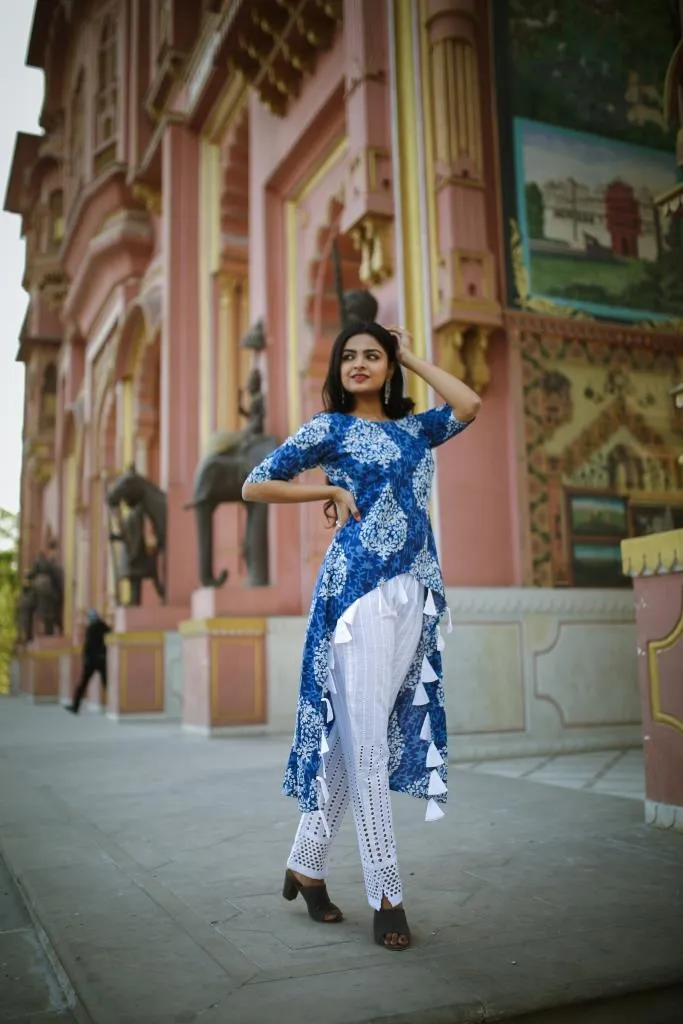 Indigo Print Kurta with Tassel Detail with White Pants