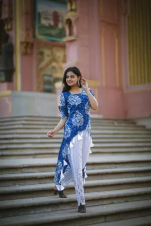 Indigo Print Kurta with Tassel Detail with White Pants