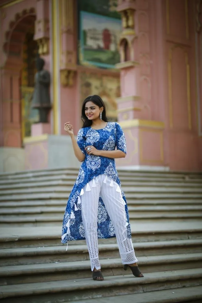 Indigo Print Kurta with Tassel Detail with White Pants