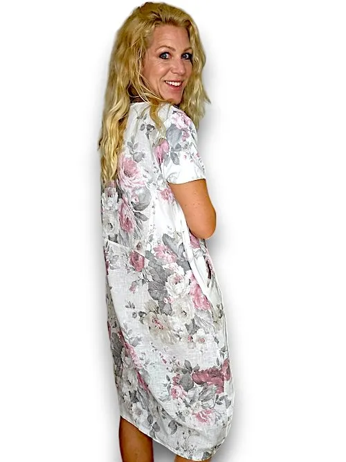 JUNGLE DRESS LINEN SCARLETT ROSE WHITE