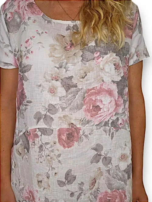 JUNGLE DRESS LINEN SCARLETT ROSE WHITE