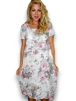 JUNGLE DRESS LINEN SCARLETT ROSE WHITE