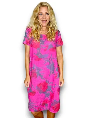 JUNGLE DRESS LINEN THISTLE IN RED HOT PINK