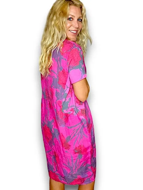 JUNGLE DRESS LINEN THISTLE IN RED HOT PINK
