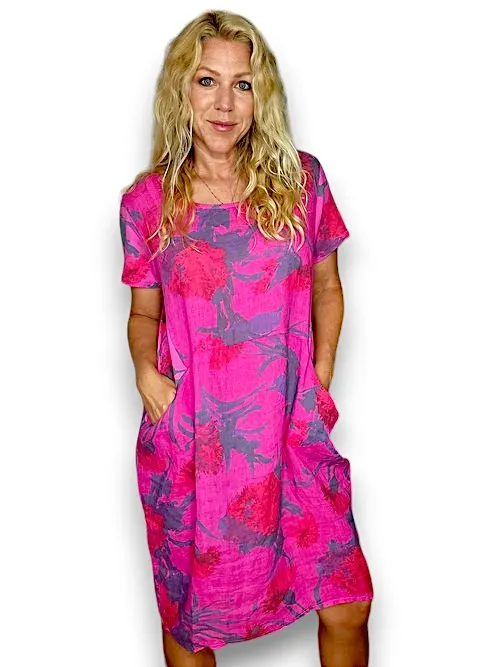 JUNGLE DRESS LINEN THISTLE IN RED HOT PINK