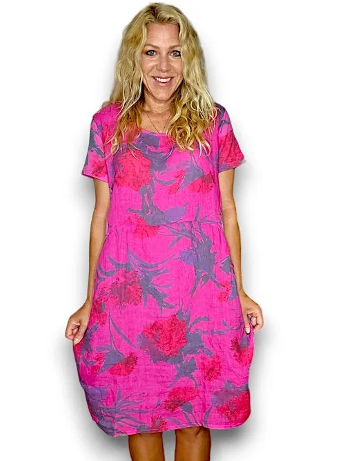 JUNGLE DRESS LINEN THISTLE IN RED HOT PINK