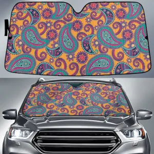 Mint Tone Plumeria Flowers Paisley Texture Orange Theme Car Sun Shades Cover Auto Windshield Coolspod