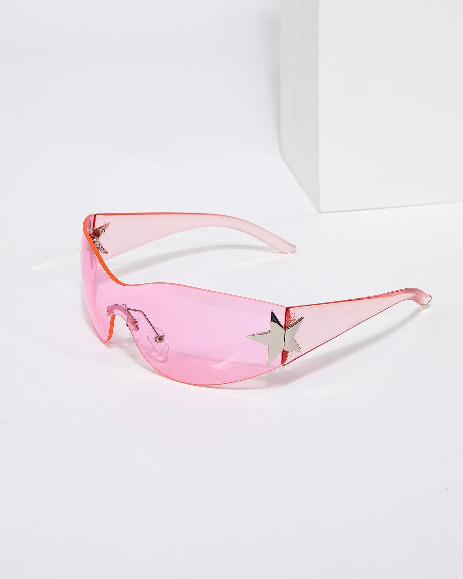Pink Rimless Wrap Around Star Sunglasses