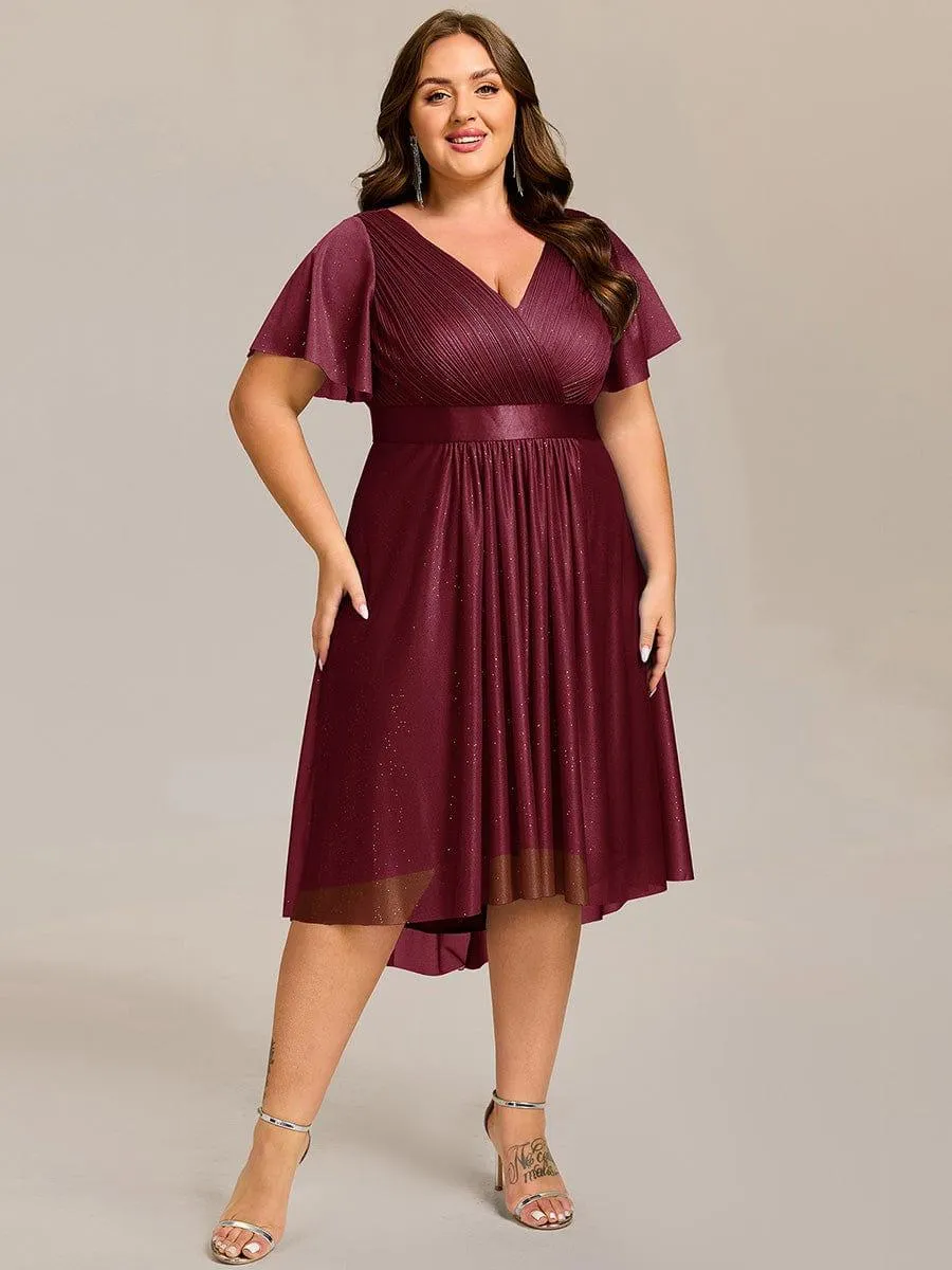Plus Size Glitter Short Sleeve V-Neck Pleated Midi Wedding Guest Dress