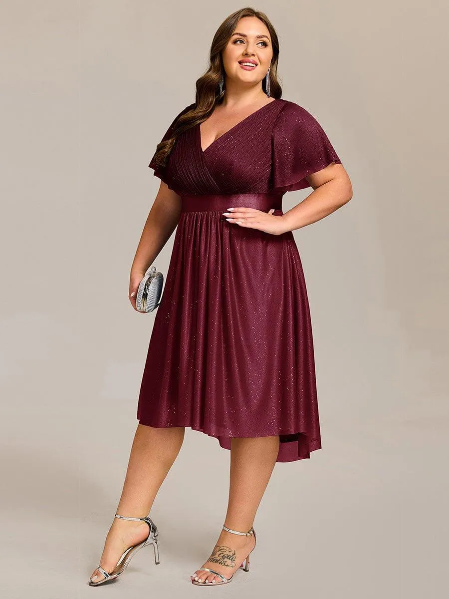 Plus Size Glitter Short Sleeve V-Neck Pleated Midi Wedding Guest Dress