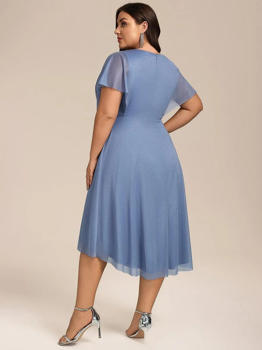 Plus Size Glitter Short Sleeve V-Neck Pleated Midi Wedding Guest Dress