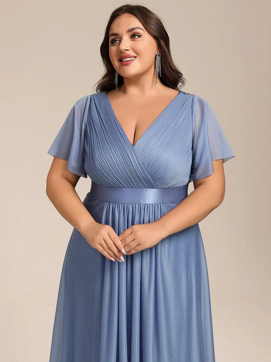 Plus Size Glitter Short Sleeve V-Neck Pleated Midi Wedding Guest Dress
