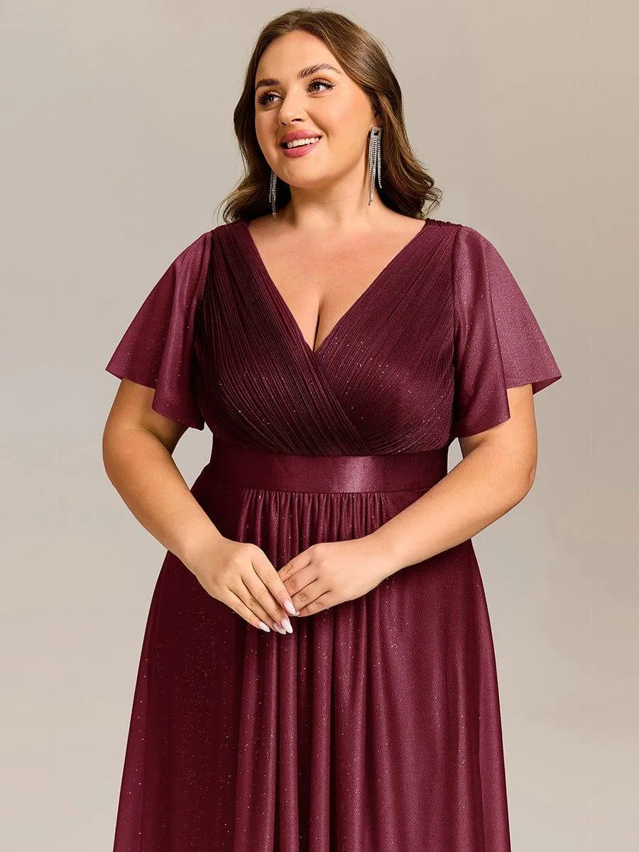 Plus Size Glitter Short Sleeve V-Neck Pleated Midi Wedding Guest Dress